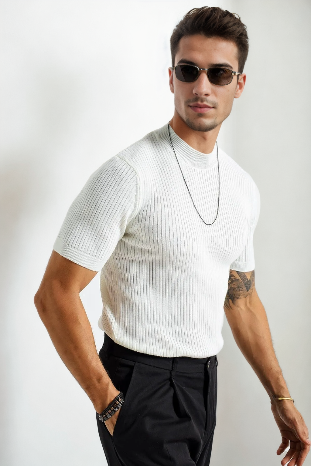 33307 Dewberry Mens Crew Neck Short Sleeve Thin Knit Sweater-WHITE