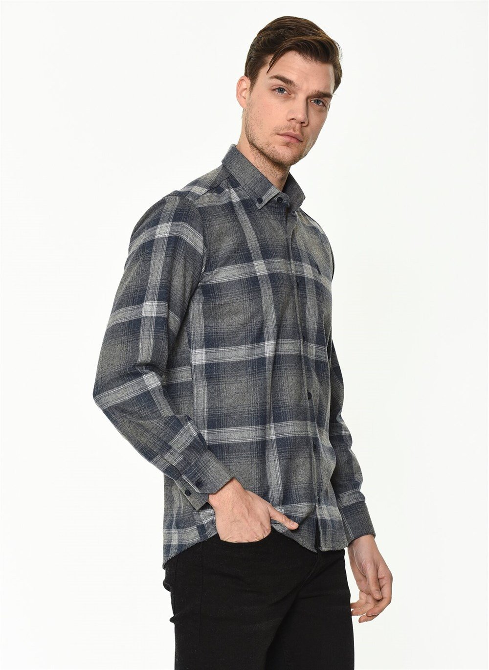 G708 DEWBERRY MEN'S SHIRT-GREY - NAVY BLUE