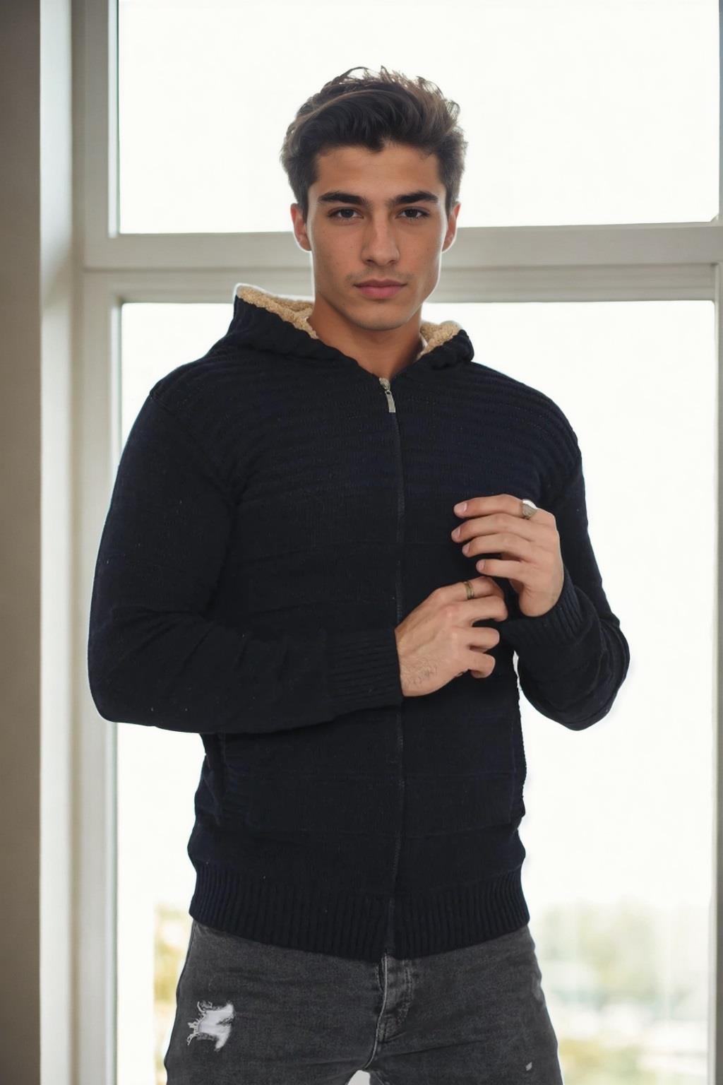 14455 Dewberry Furry Hooded Mens Sports Slim Fit Cardigan-BLACK