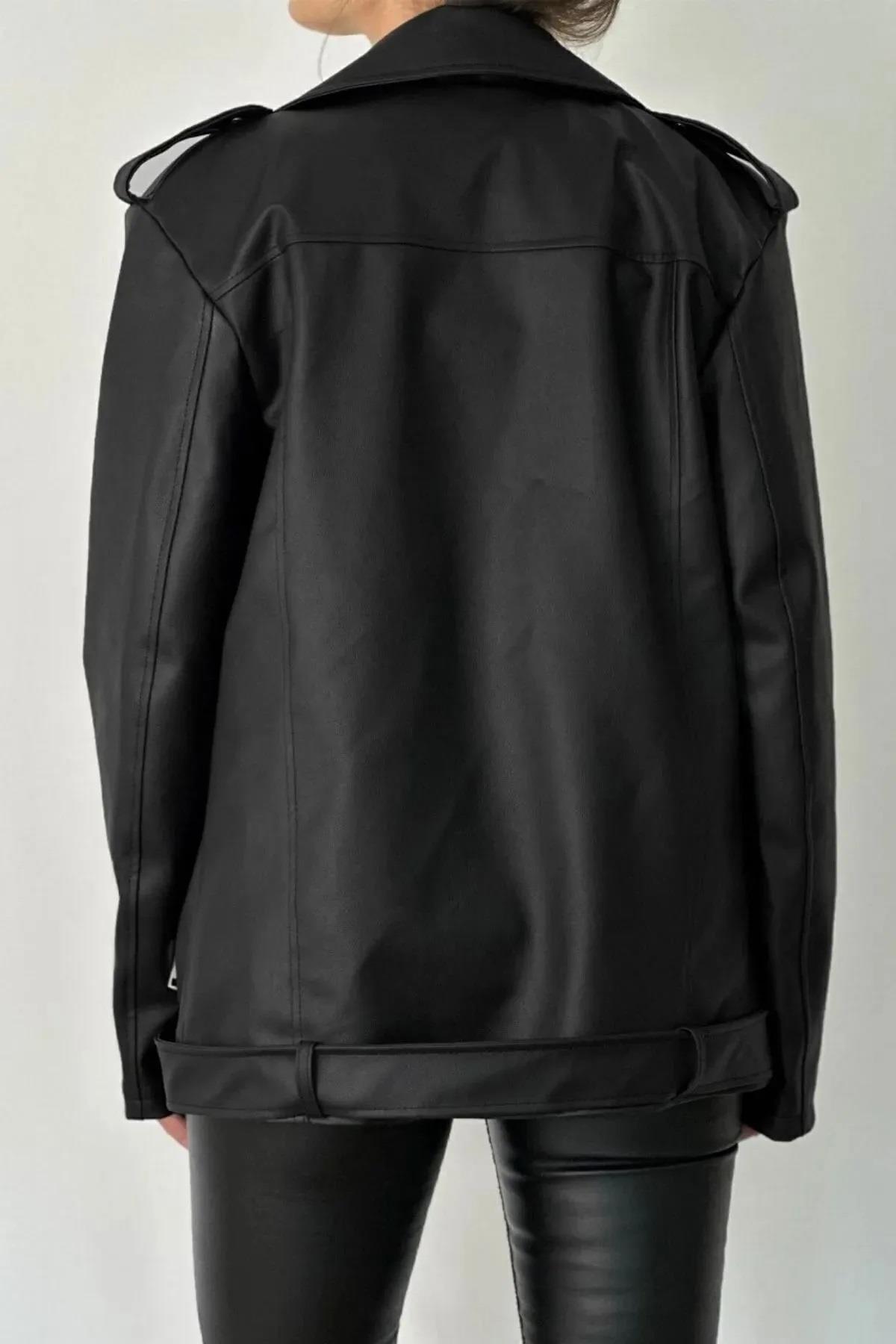 66796 Dewberry Oversize Women PU Jacket-BLACK