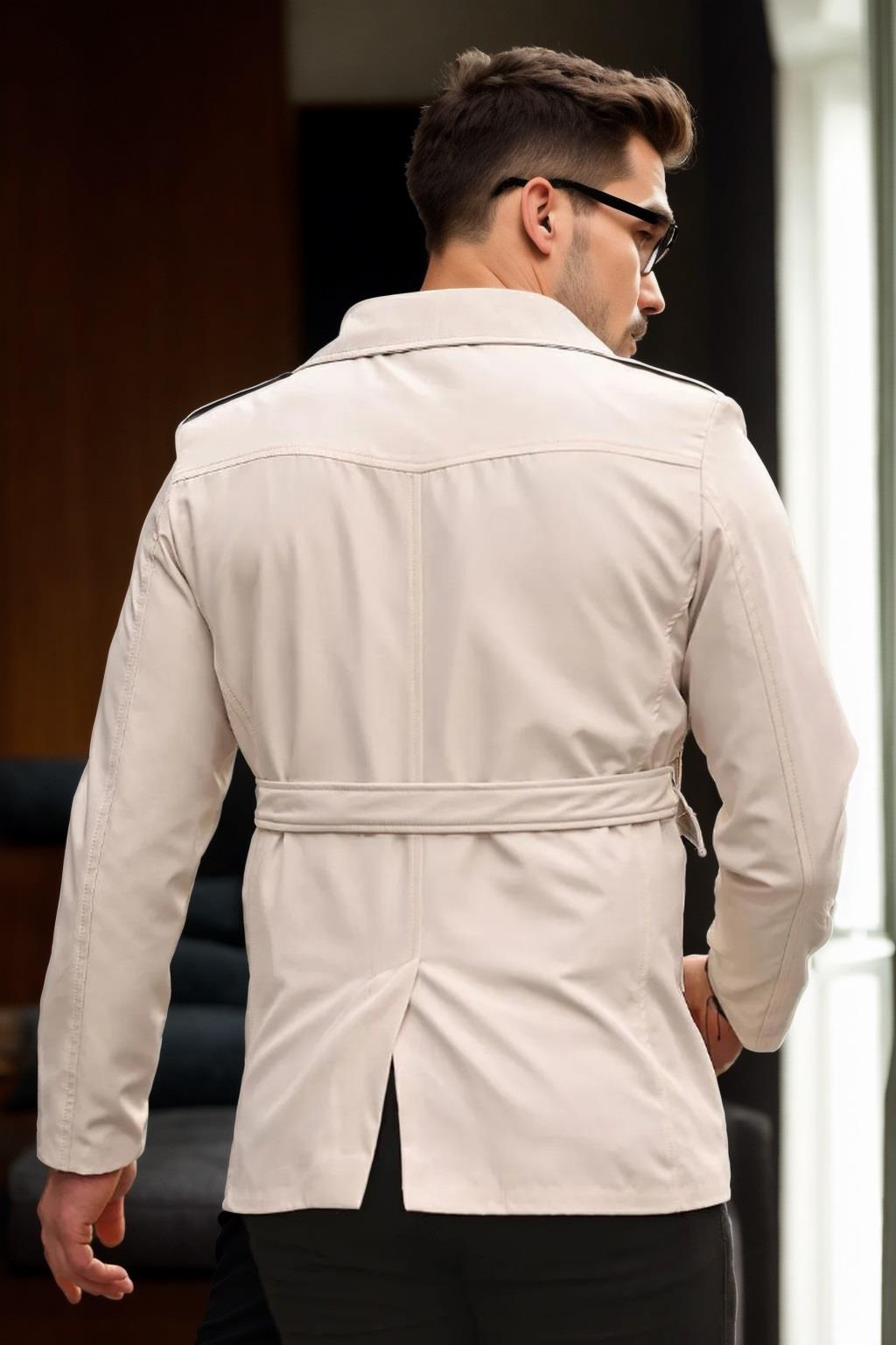 23058 Dewberry Lined Belted Double Breasted Mens Trenchcoat-CREAM