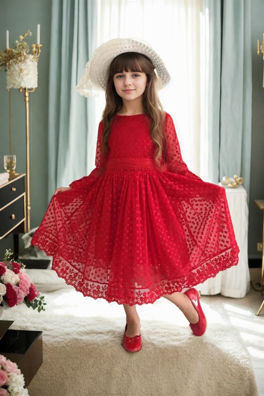 N8712 Dewberry Princess Model Girls Dress With Hat & Lace-RED