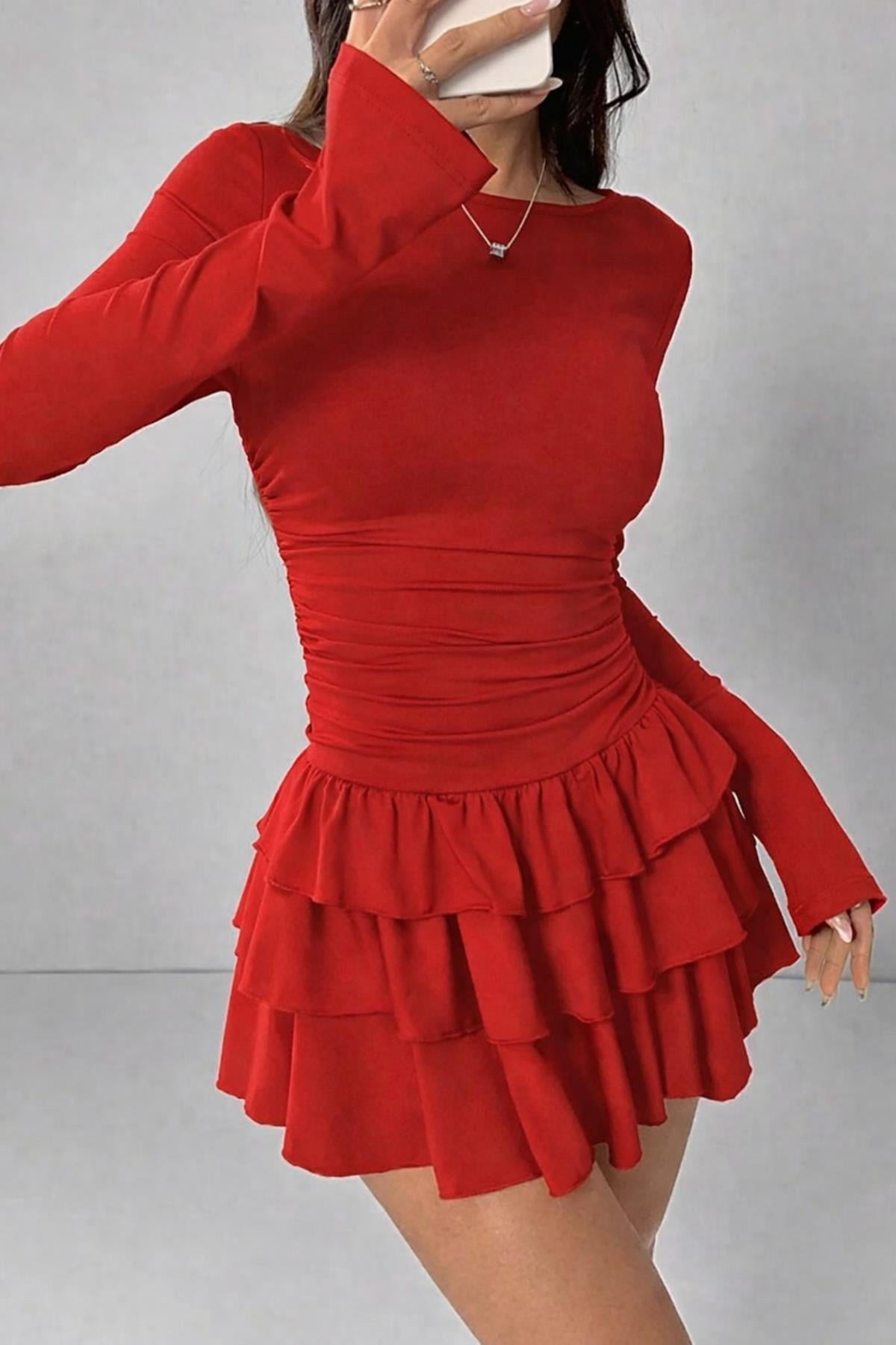 Мини рокля с волани и многопластови мотиви - Червена