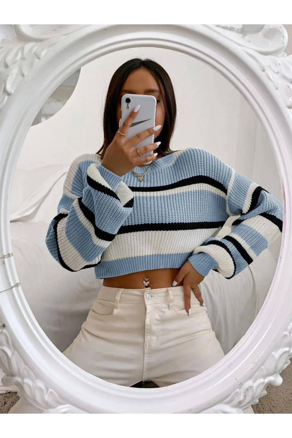 49425 Dewberry Striped Knit Crop Women Sweater-BLUE