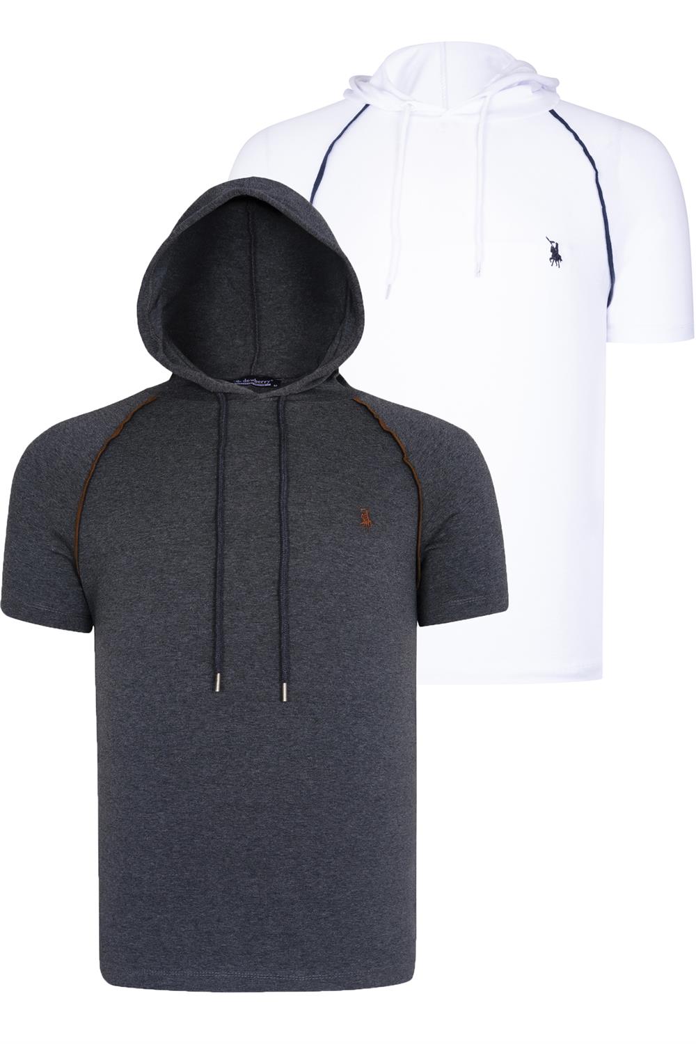 DUAL SET T8570 DEWBERRY HOODED MENS T-SHIRT-WHITE-ANTHRACITE