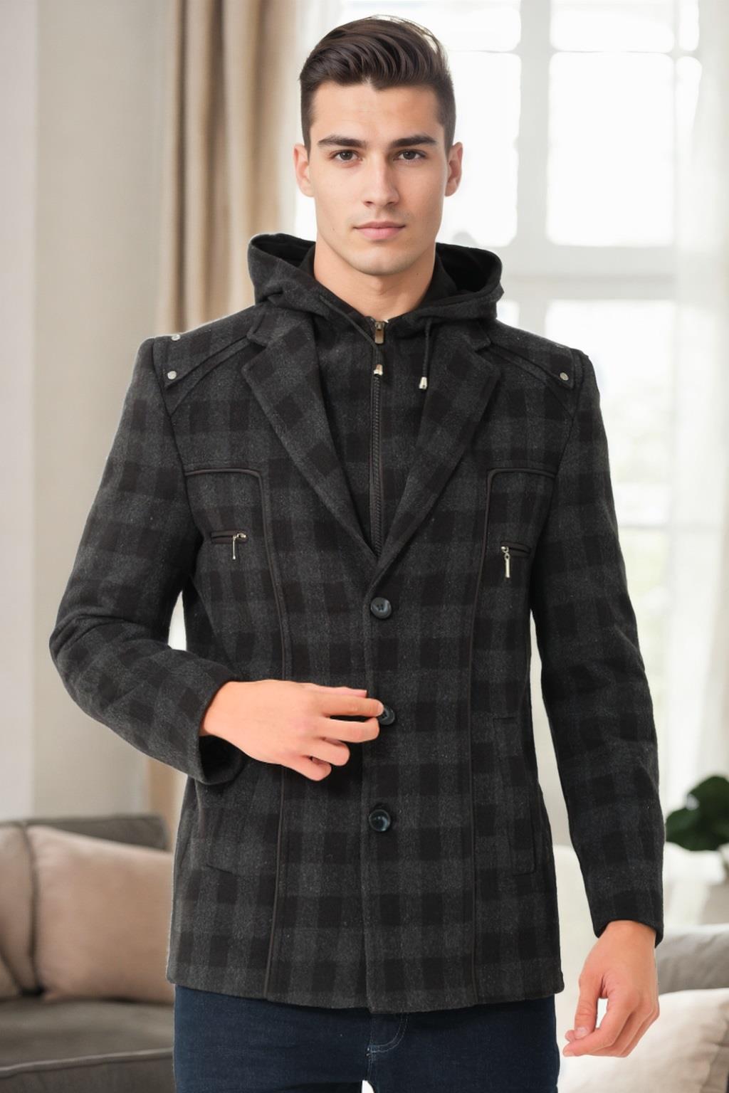 K7532 DEWBERRY MEN'S COAT-PLAID BLACK-1