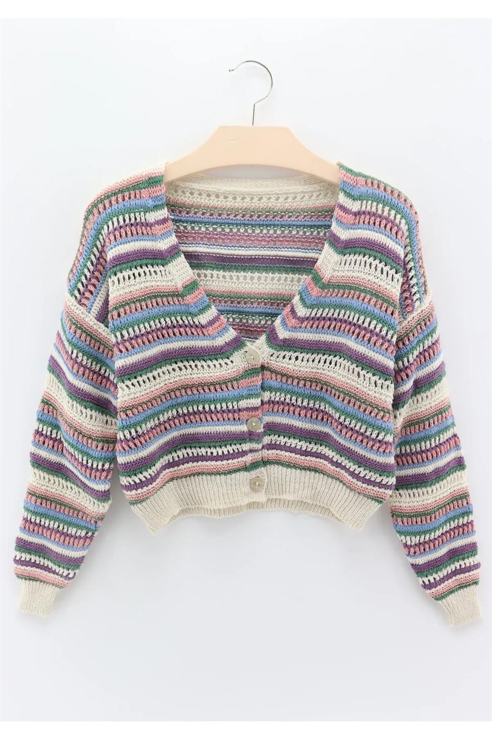 47033 Dewberry Multicolored 3 Button Cardigan-KREM