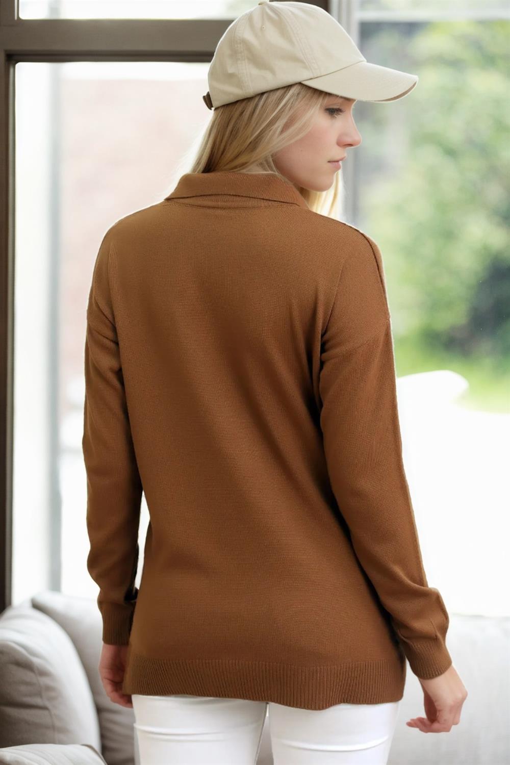 83295 Dewberry Polo Neck Long Sleeve Slit Sweater-BROWN
