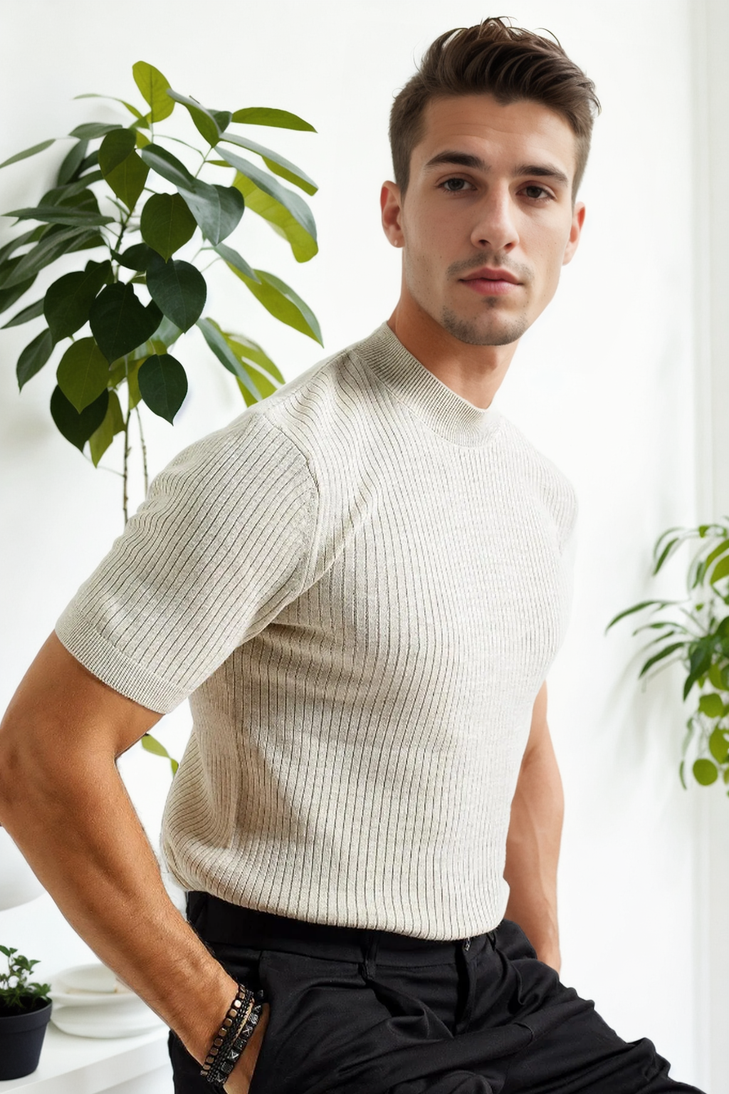 33307 Dewberry Mens Crew Neck Short Sleeve Thin Knit Sweater-BEIGE