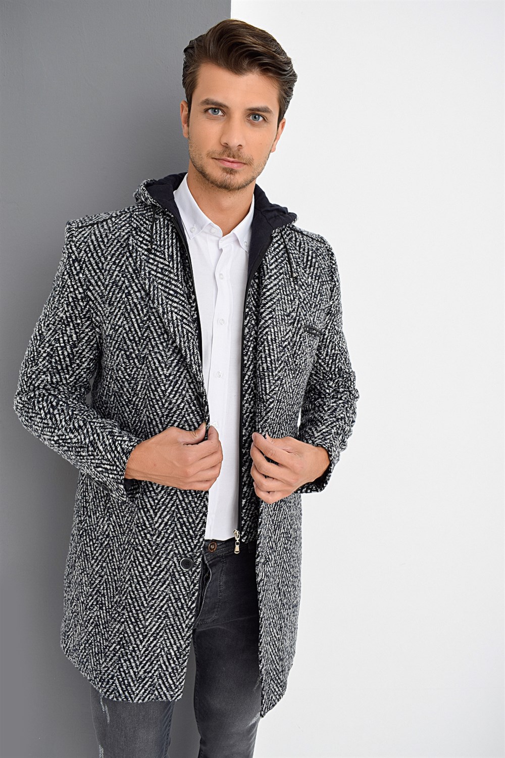 PLT8371 DEWBRRY MEN'S COAT-PATTERNED NAVY BLUE