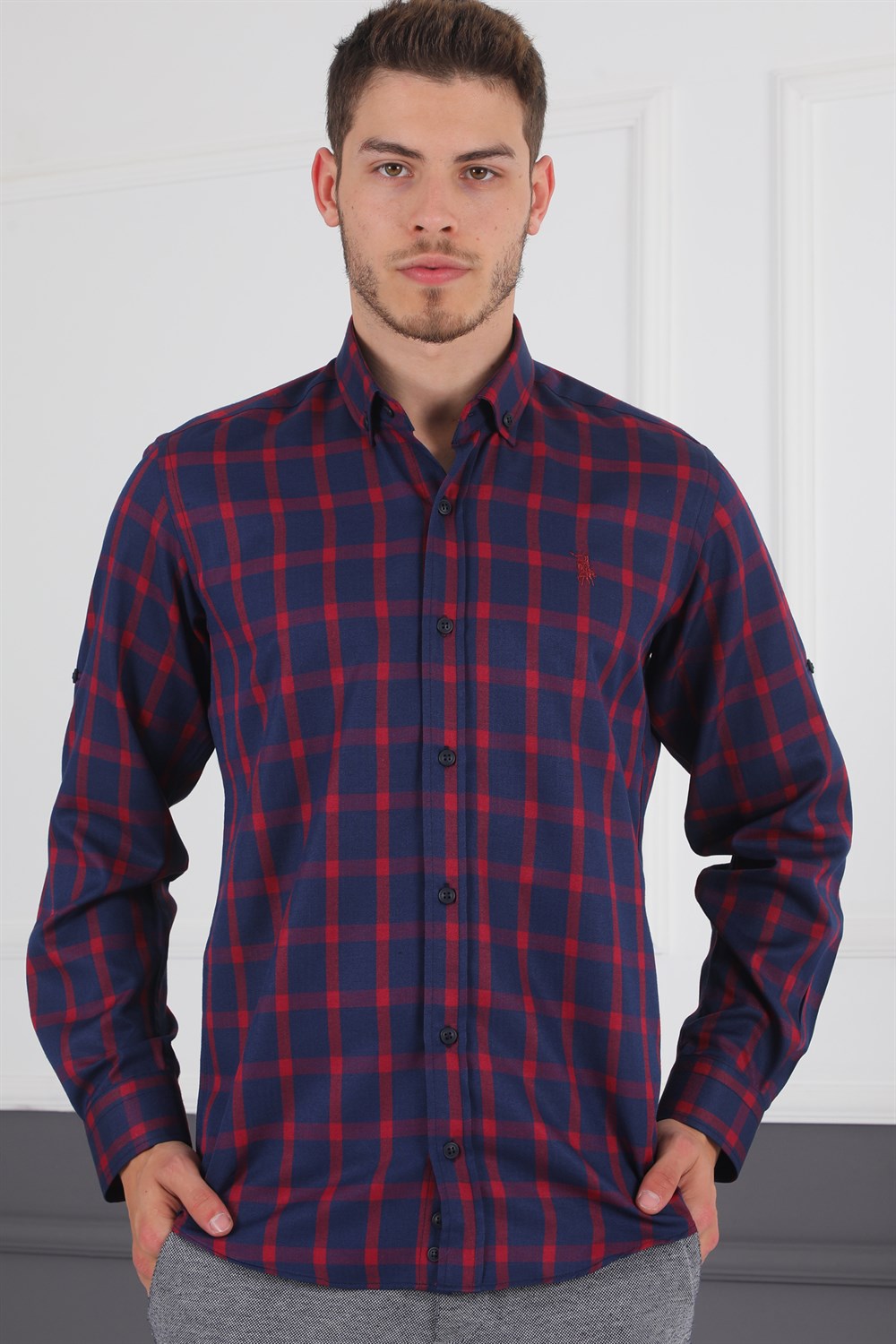 G717 DERBERRY MEN&#039;S SHIRT-NAVY BLUE- BURGUNDY
