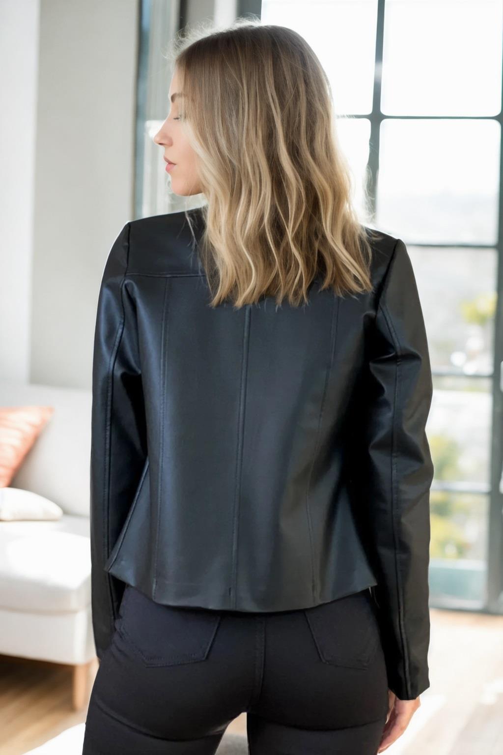 99098 Dewberry Plain Women PU Jacket-BLACK