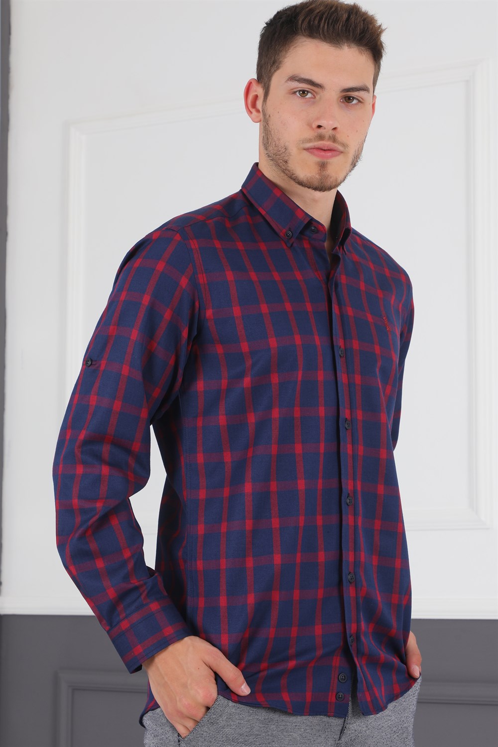 G717 DERBERRY MEN'S SHIRT-NAVY BLUE- BURGUNDY