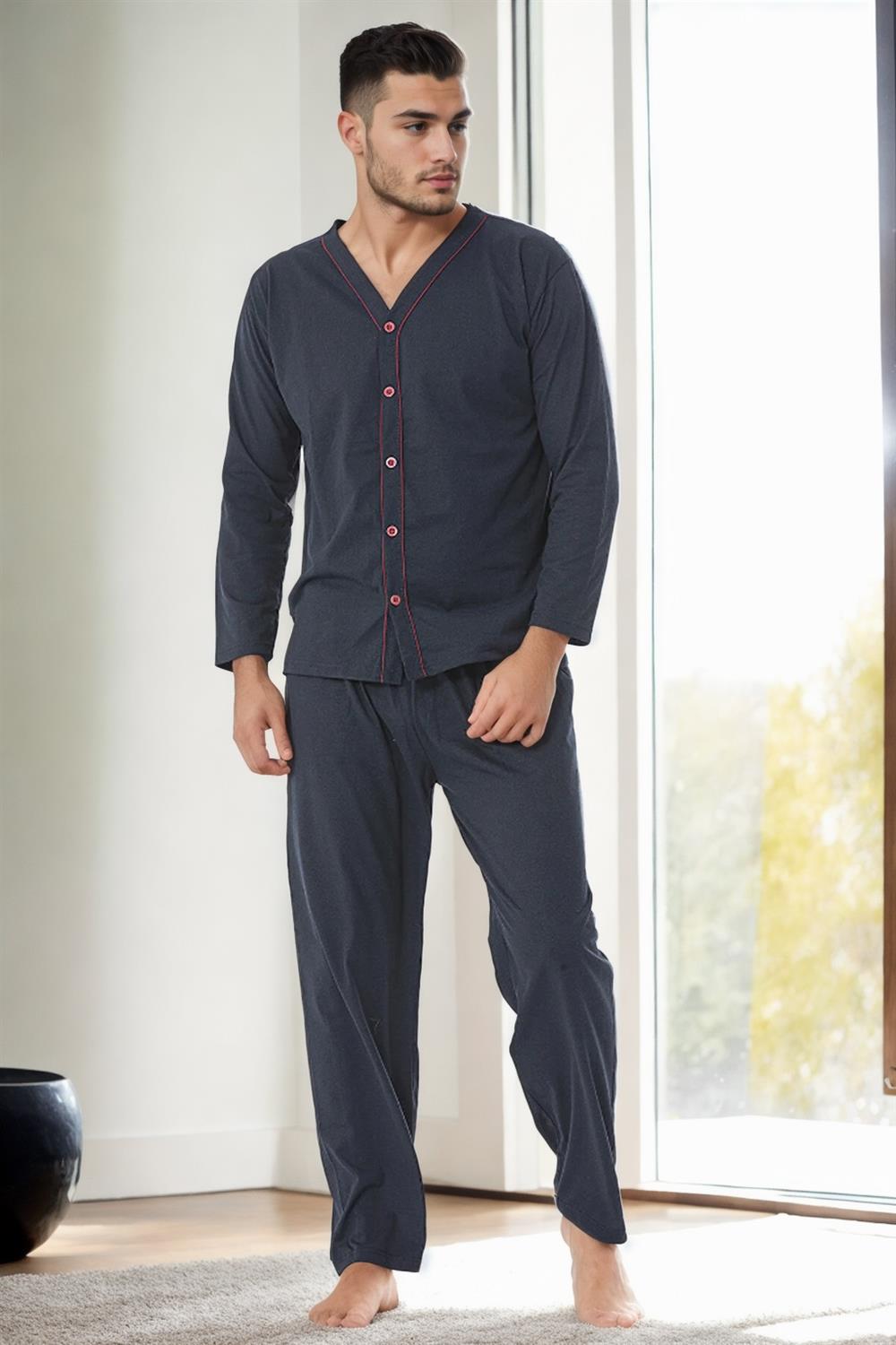 J4425 Dewberry Mens Buttoned Long Sleeve Pyjama Set-NAVY BLUE