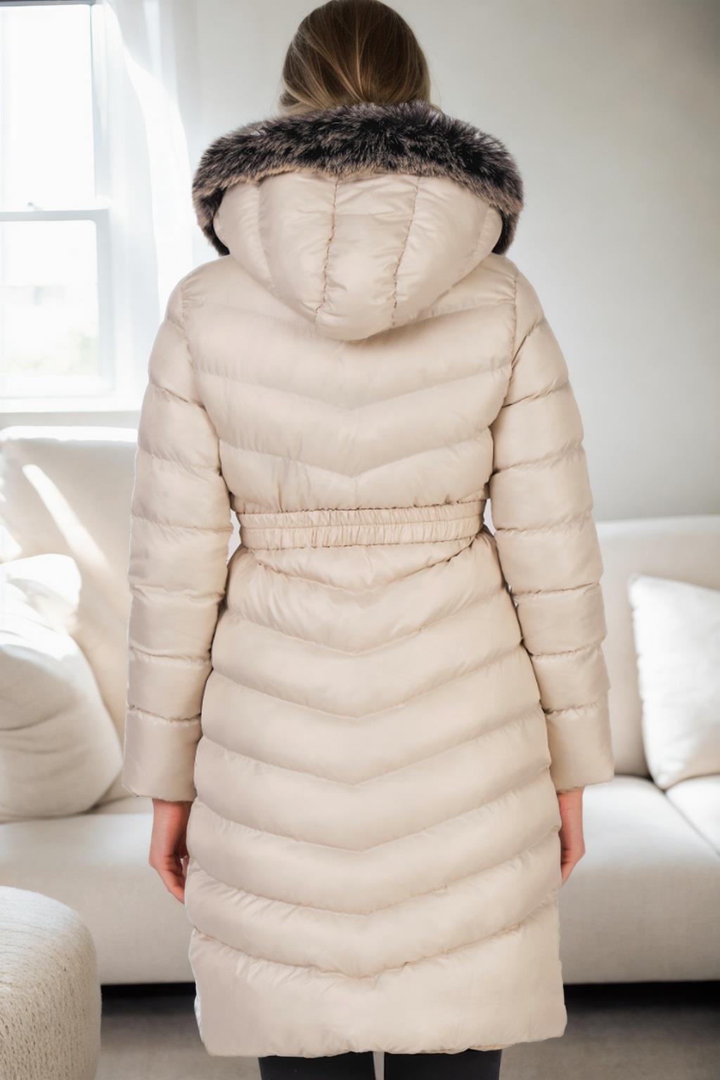 Z6690 DEWBERRY FUR HOODED LADIES' COAT-BEIGE-1