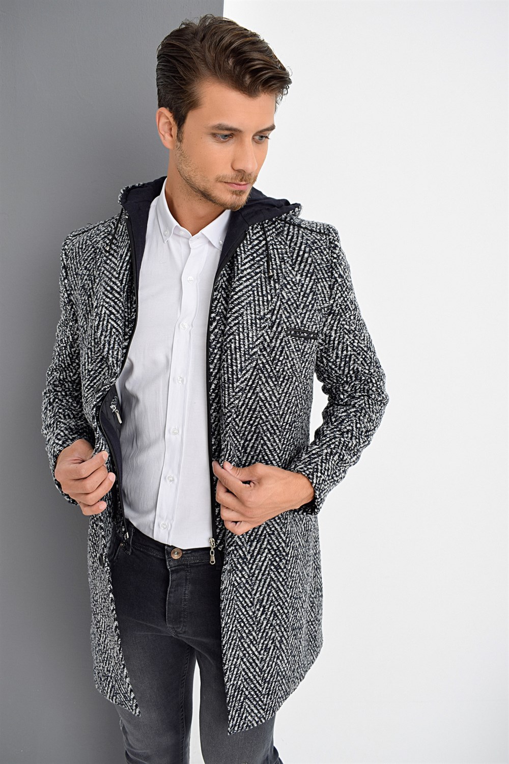 PLT8371 DEWBRRY MEN'S COAT-PATTERNED NAVY BLUE