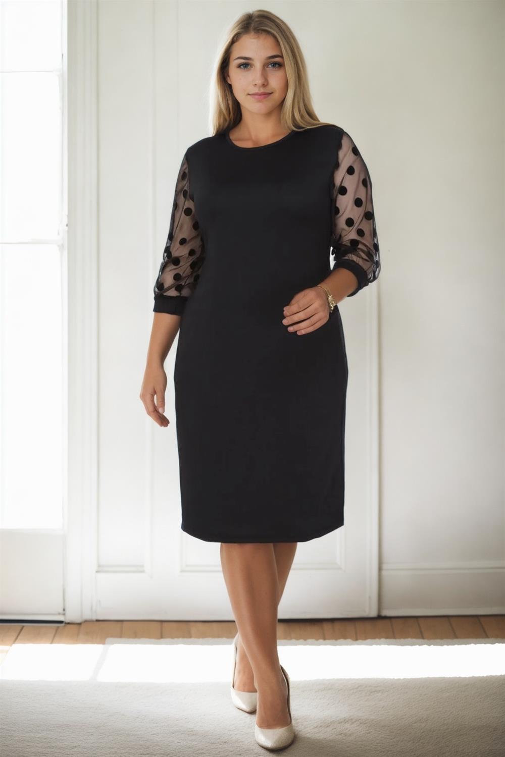 97062 Dewberry Polka Dot Flocked on Sleeves Plus Size Dress-BLACK