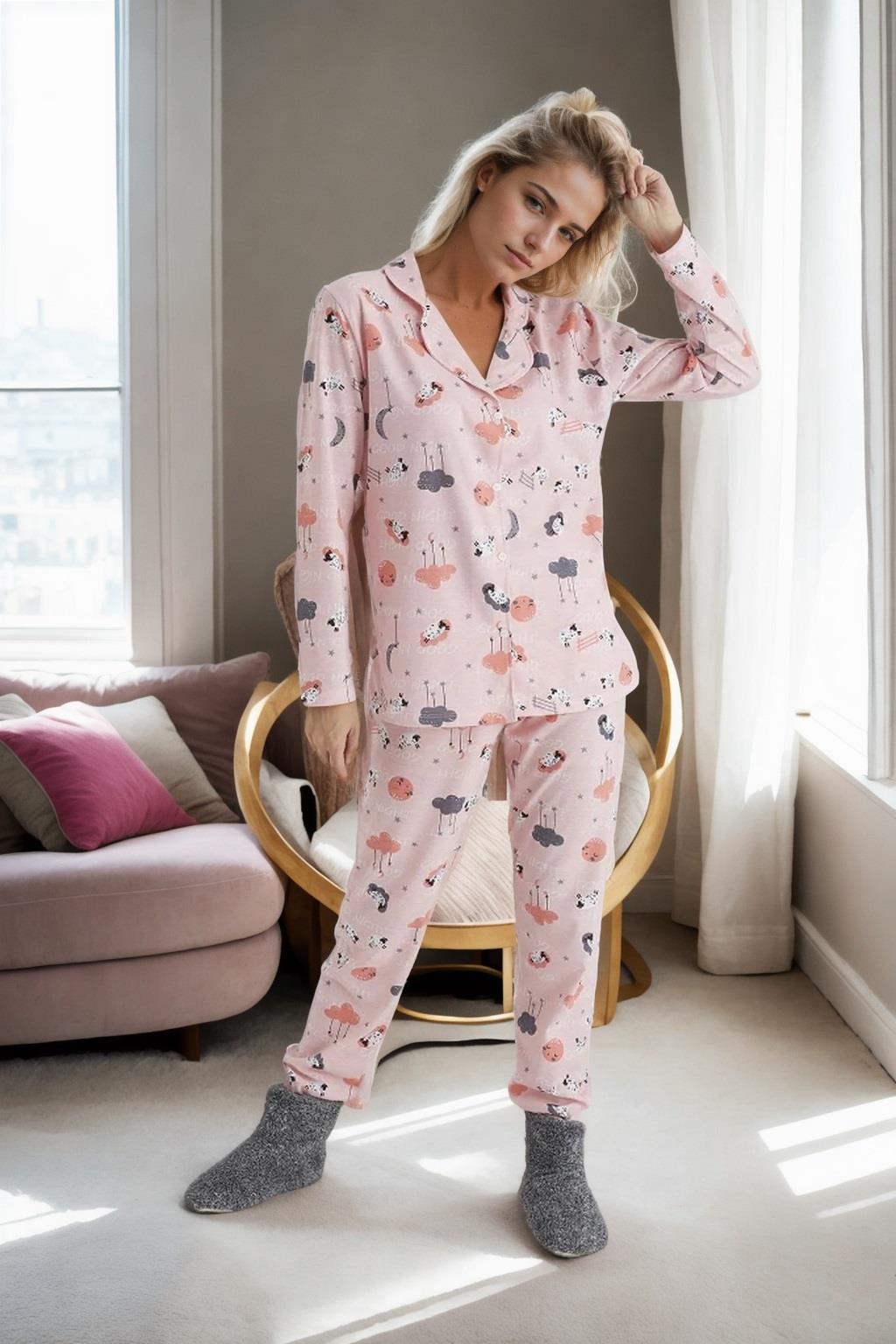 43103 Dewberry Buttoned Women Pyjama Set-PINK