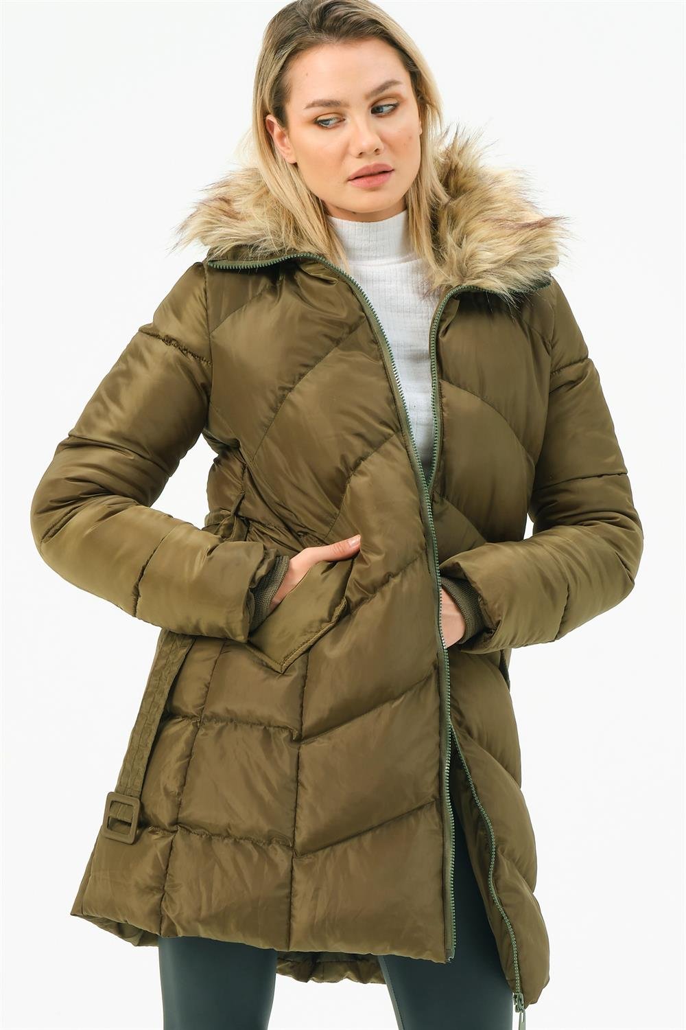 Z6767 DEWBERRY WOMEN'S COAT-KHAKI