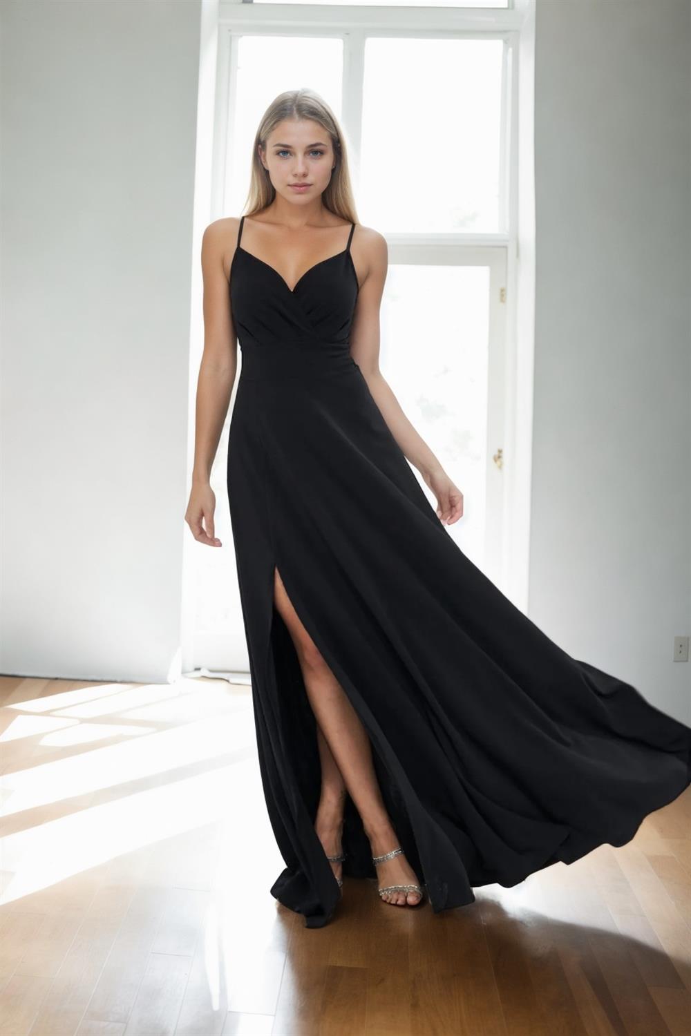 74886 Dewberry Rope Strap Slit Evening & Graduation Dress-Black-image