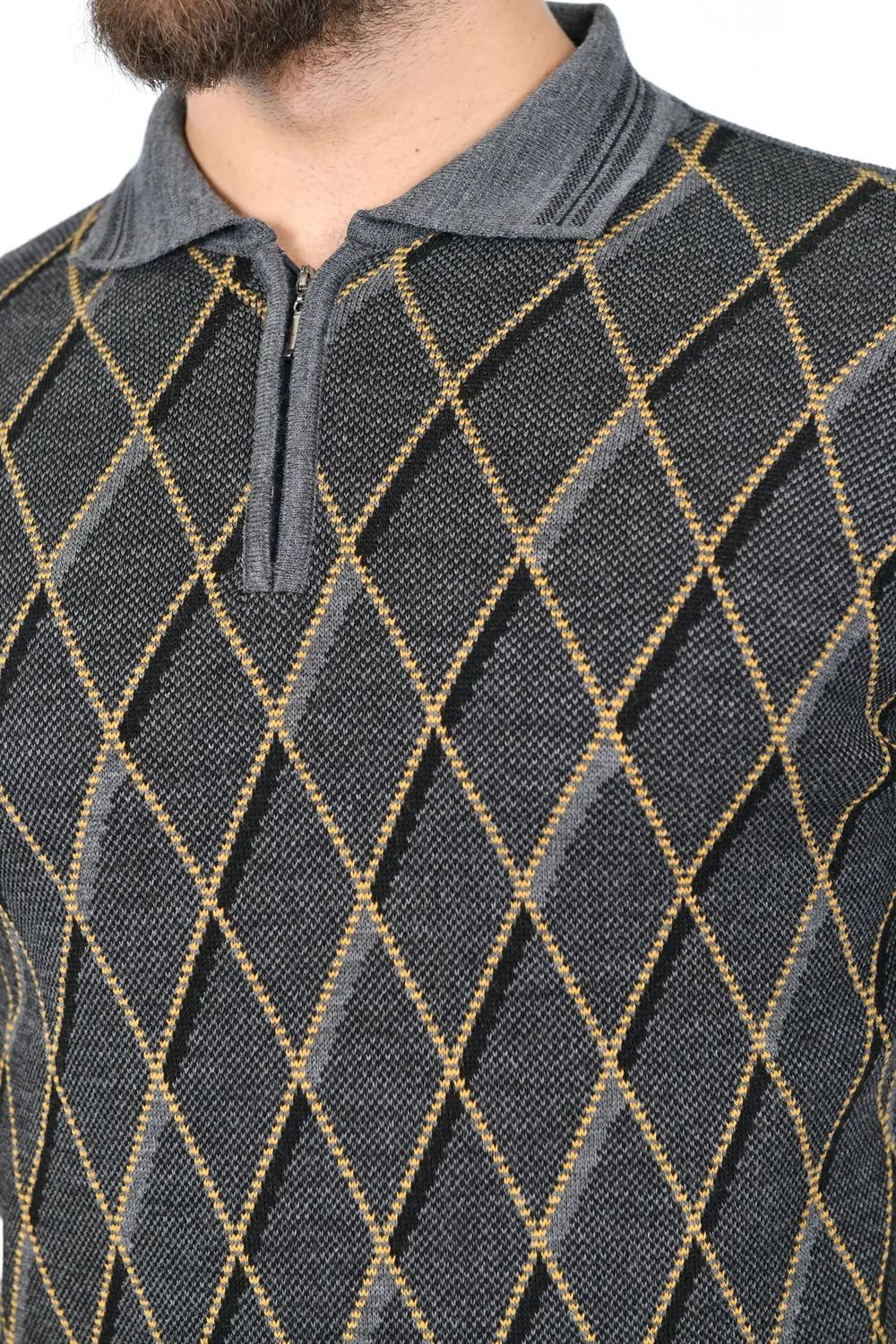 29477 Dewberry Zippered Polo Collar Mens Sweater-GREY