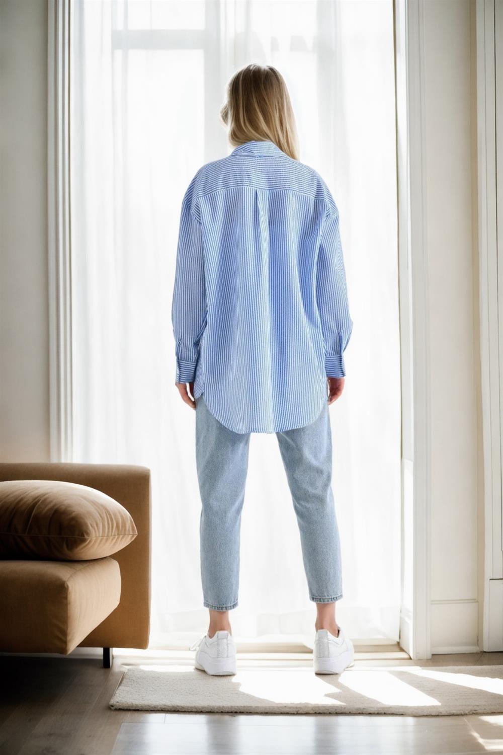 49999 Dewberry Blue Wrinkled Detailed Striped Women Shirt-BLUE
