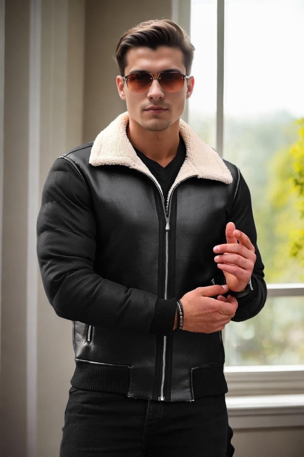 16456 Dewberry Faux Fur Inside Slim Fit Mens Winter Coat-BLACK-BEIGE