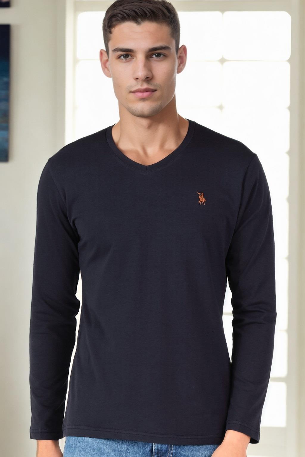 T9587 Dewberry V-NECK Men's Long Sleeve T-SHIRT-NAVY Blue-image