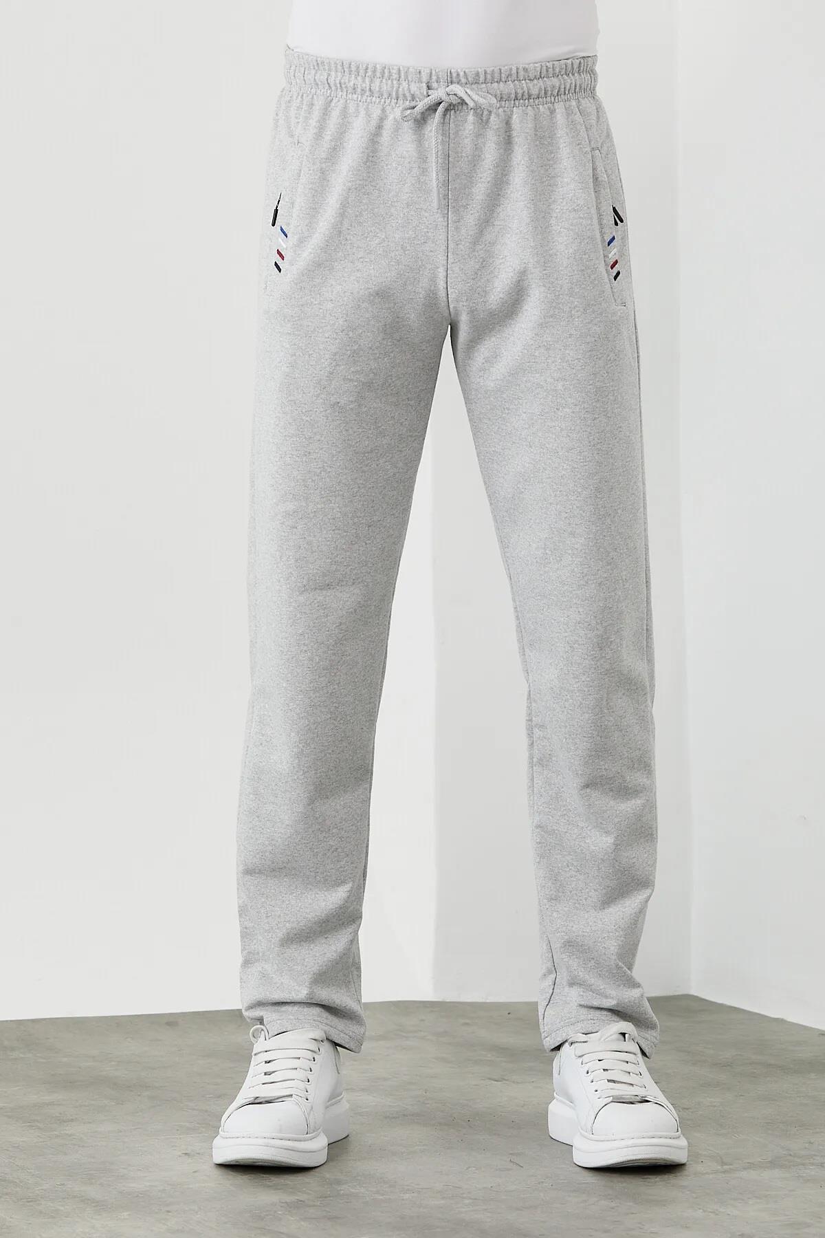 15740 Dewberry Zipper Pocket Embroidery Detailed Sweatpants-GREY