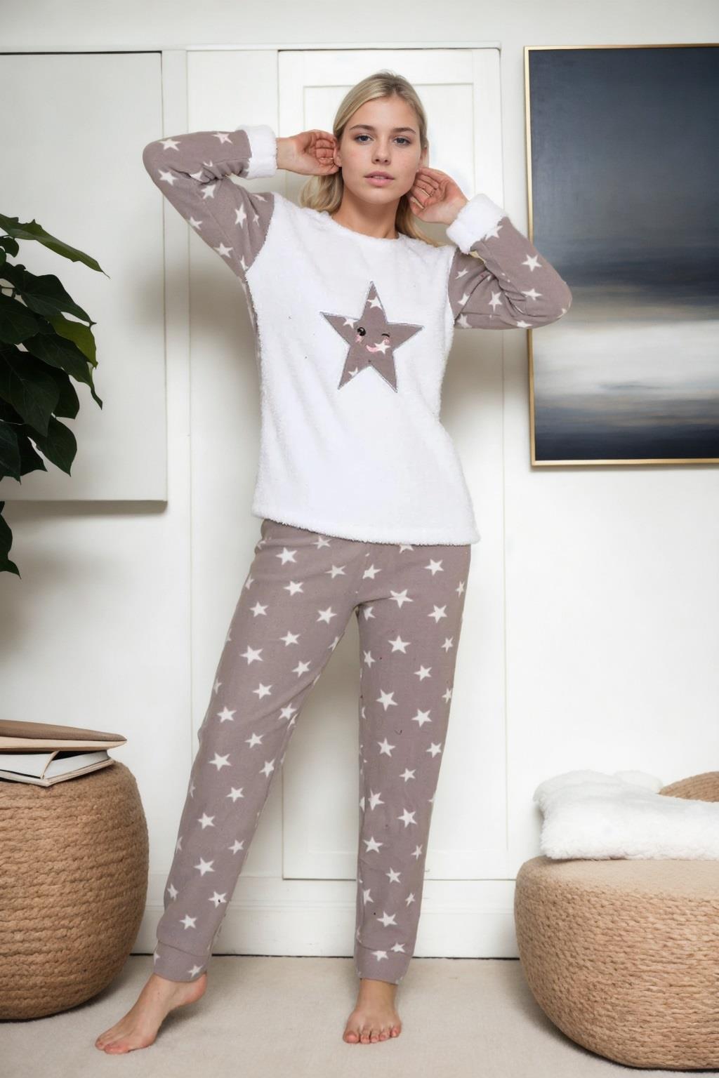 46404 Dewberry Winter Fleece Women Pyjama Set-WHITE-BROWN