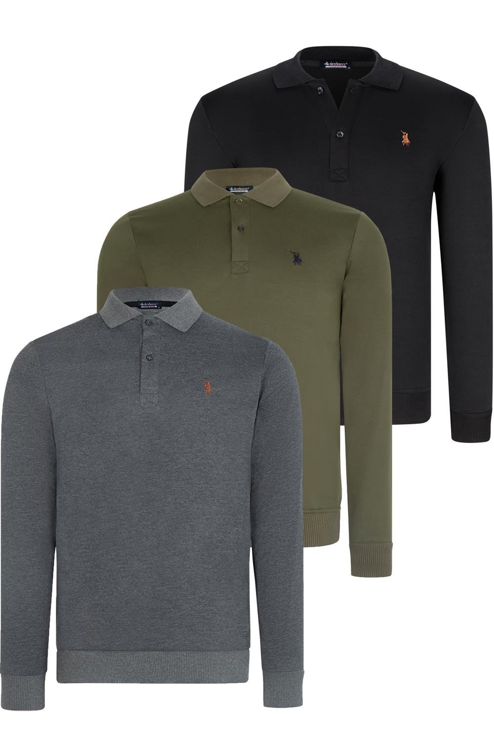 TRIPLE SET V4007 DEWBERRY MENS SWEATSHIRT-BLACK-ANTHRACITE-KHAKI