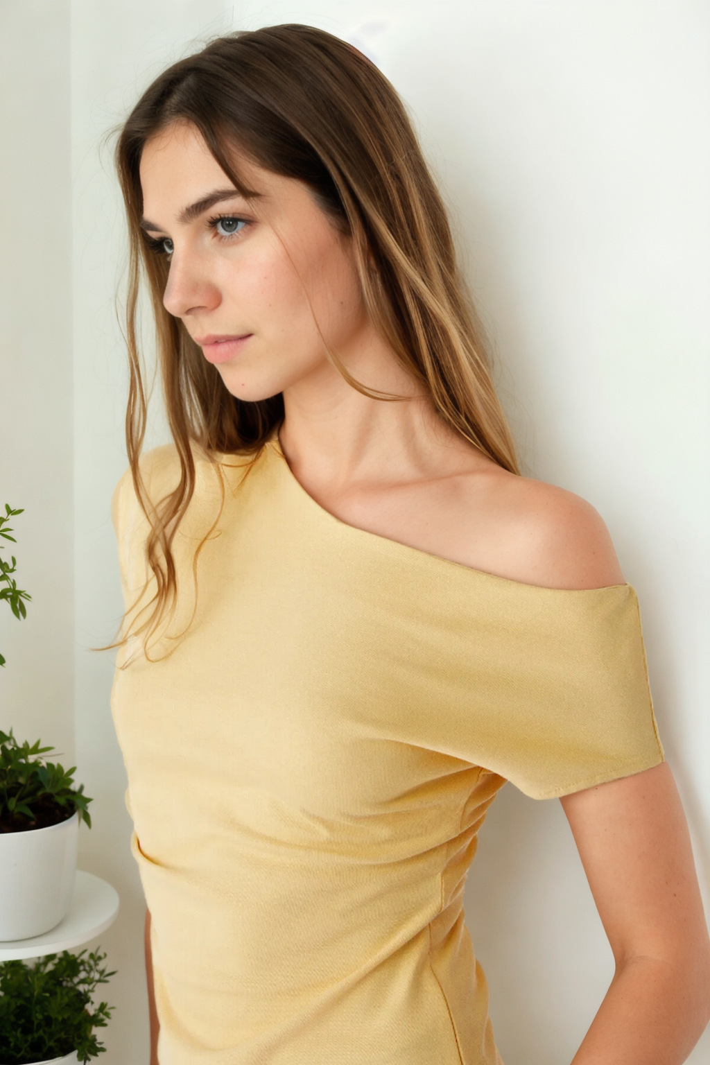 49777 Dewberry Asymmetrical Collar Womens Blouse-YELLOW