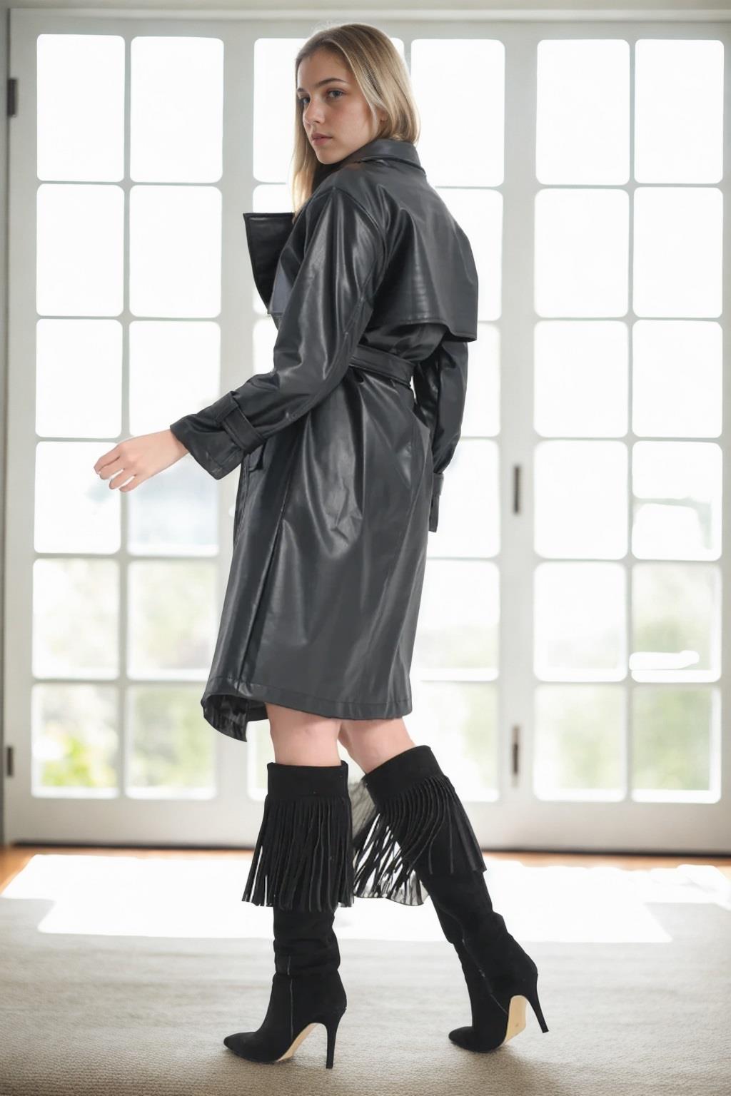 22614 Dewberry Long PU Women TrenchCoat-BLACK