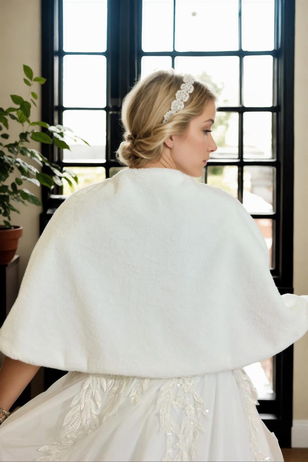 61601 Dewberry Long Brooch Bridal Bolero Shawl-WHITE