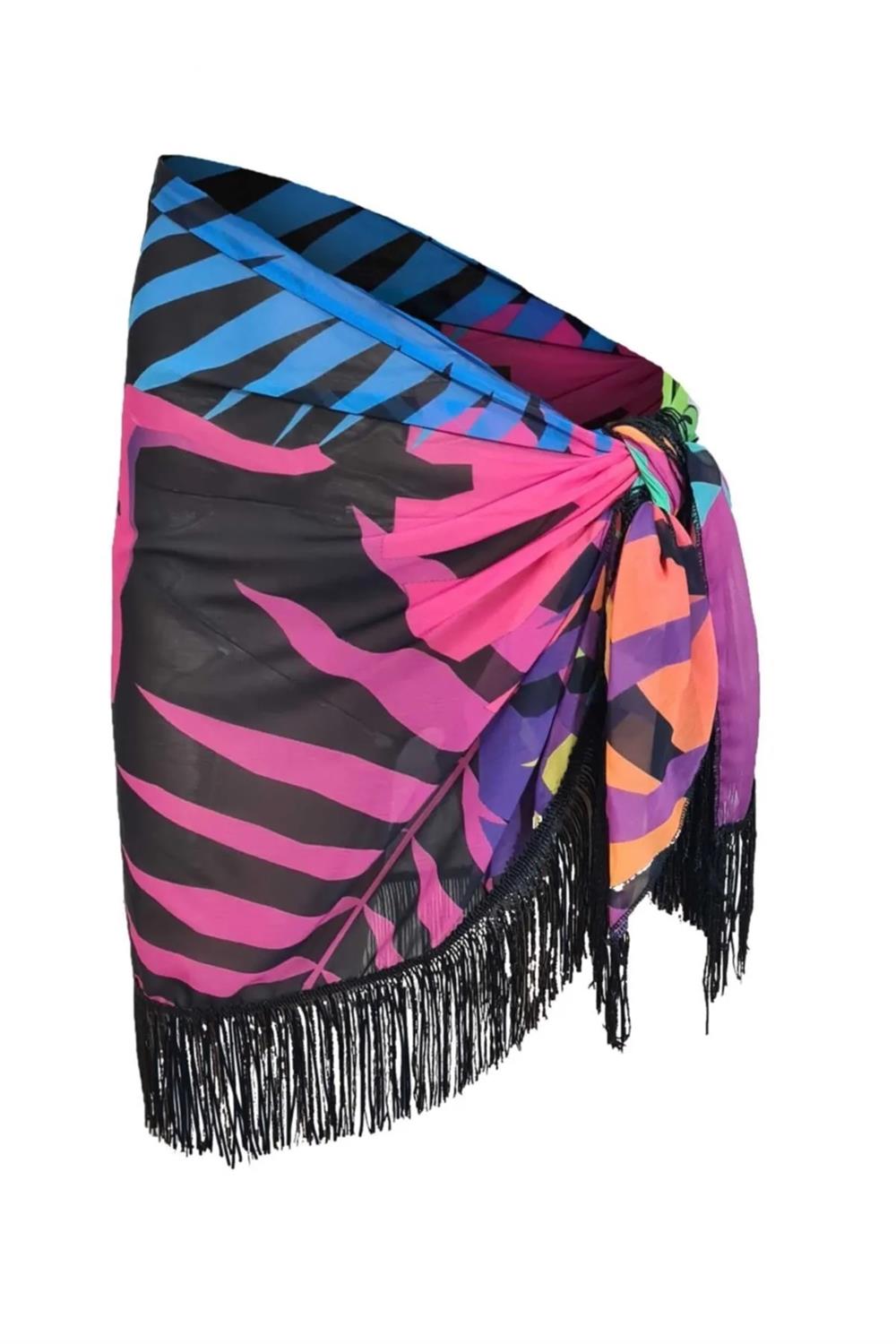 43272 Dewberry 43272 Dewberry Patterned Pareo with Tassels-BLACK-PINK