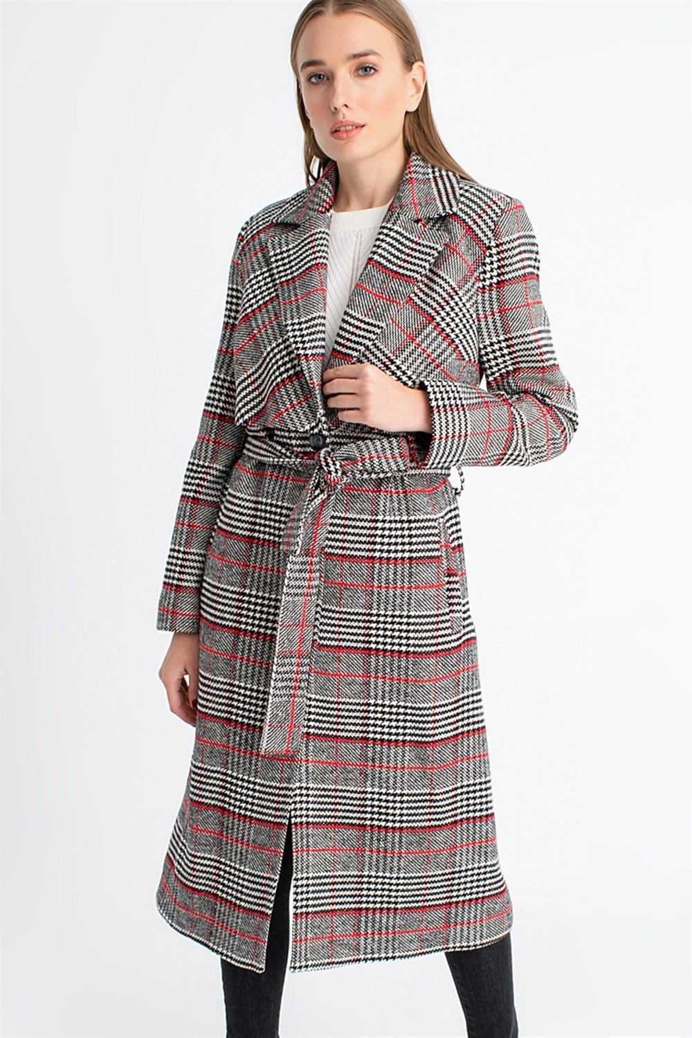 Z6622 DEWBERRY PLAID WOMENS COAT-PLAID-BLACK