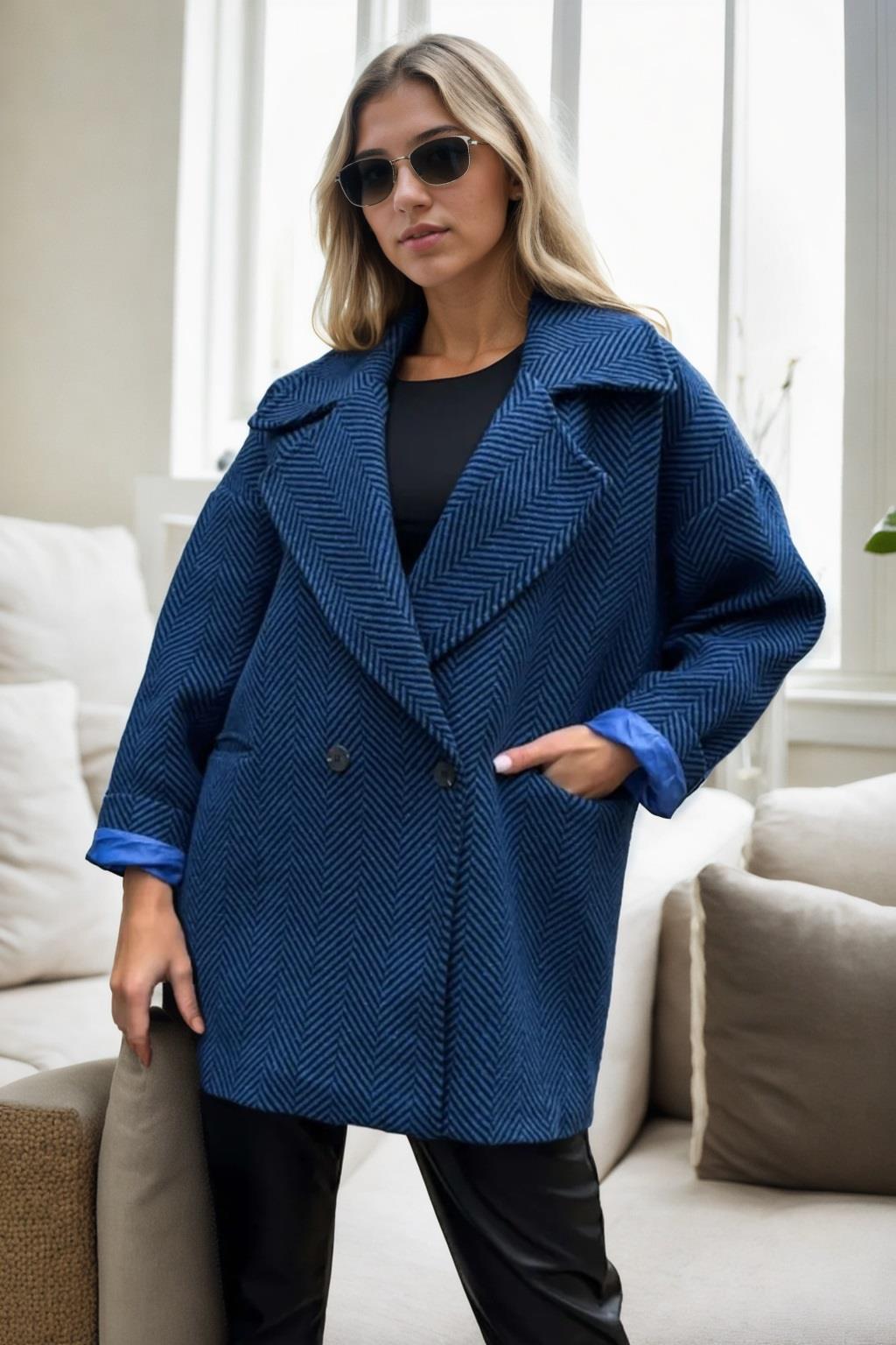 50406 Dewberry Herringbone Oversize Women Coat-BLUE