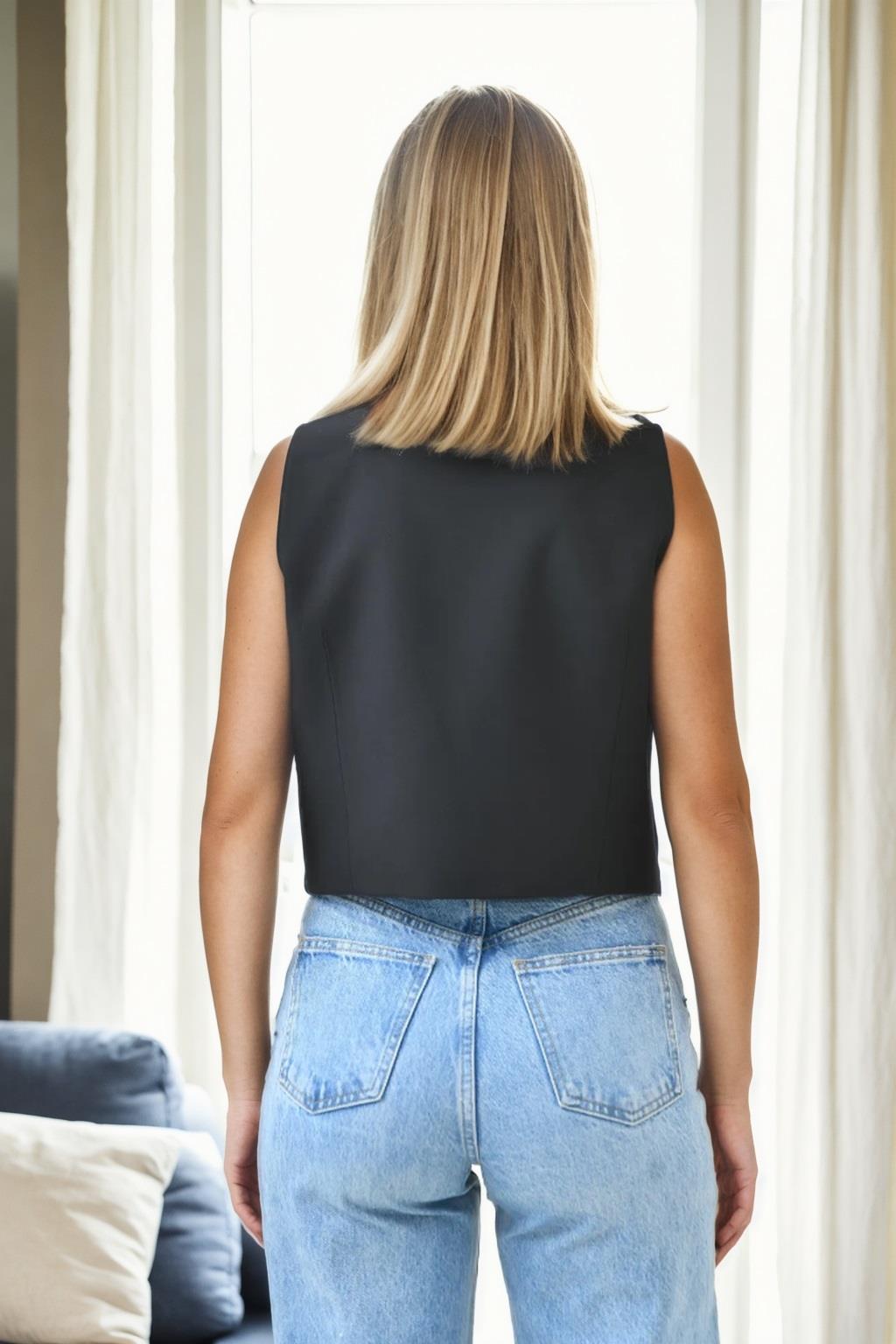 90619 Dewberry Pocket Detailed 3 Button Lined Women Vest-BLACK