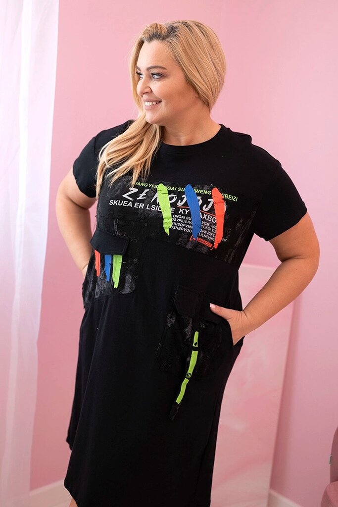 Kesi Włoski Black Plus Size womens cotton dress with print and pockets