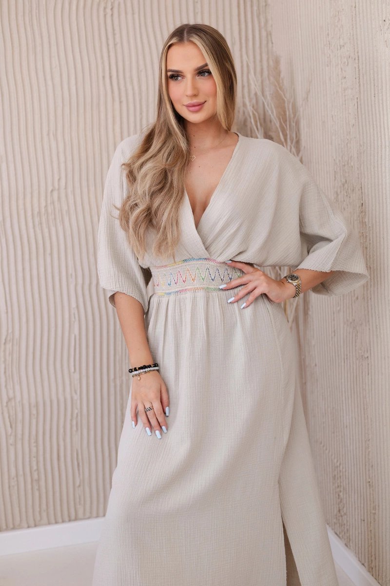 Kesi Włoski Muslin dress with embroidery at the waist light beige