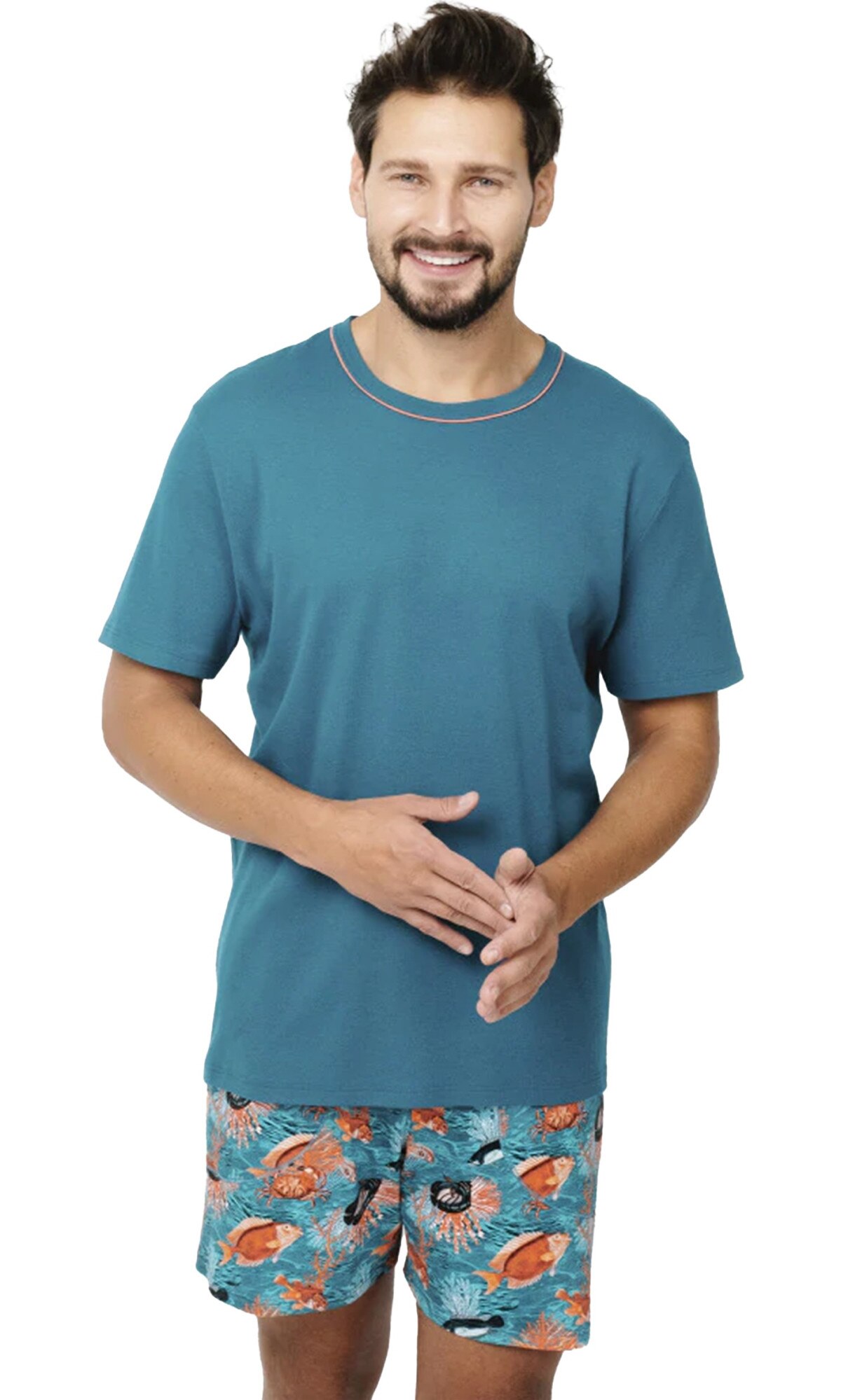 Levně Pánské pyžamo Crab, krátký rukáv, krátké kalhoty - modrozelená/potisk
