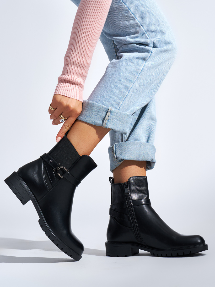 Shelvt Women's black ankle boots with a decorative buckle