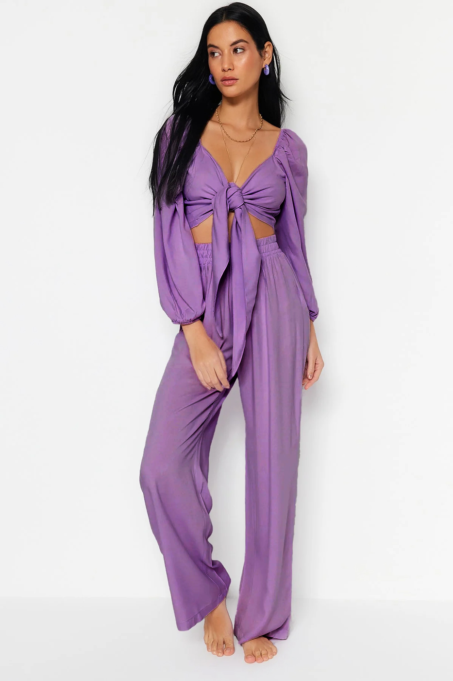 Trendyol Lilac Woven Tie Blouse and Pants Suit