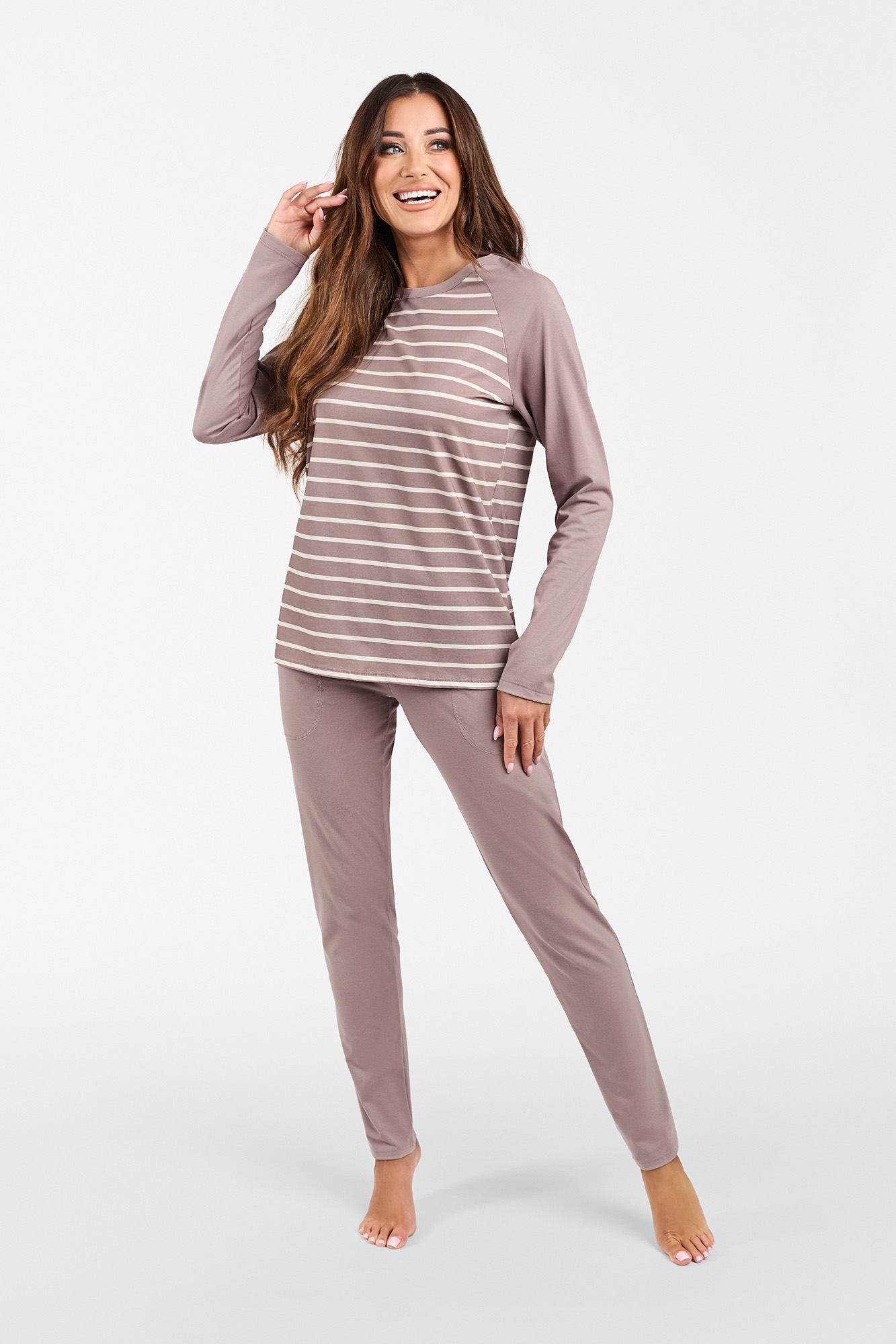 Women's pajamas Oda long sleeves, long pants - cappuccino/cappuccino print