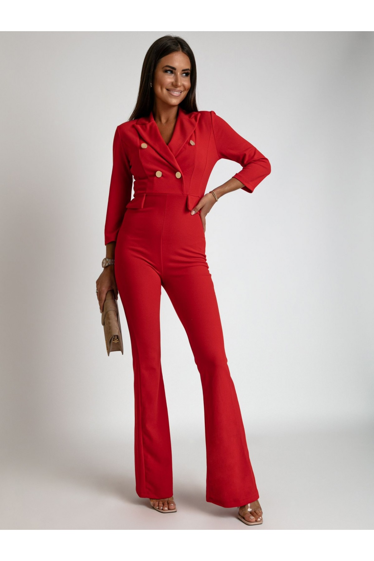 Red jumpsuit with wide legs