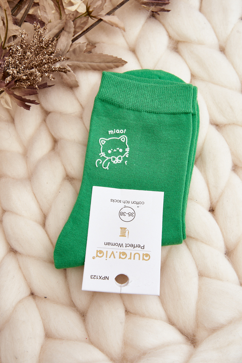 Women's Smooth Socks With A Kitten, Green