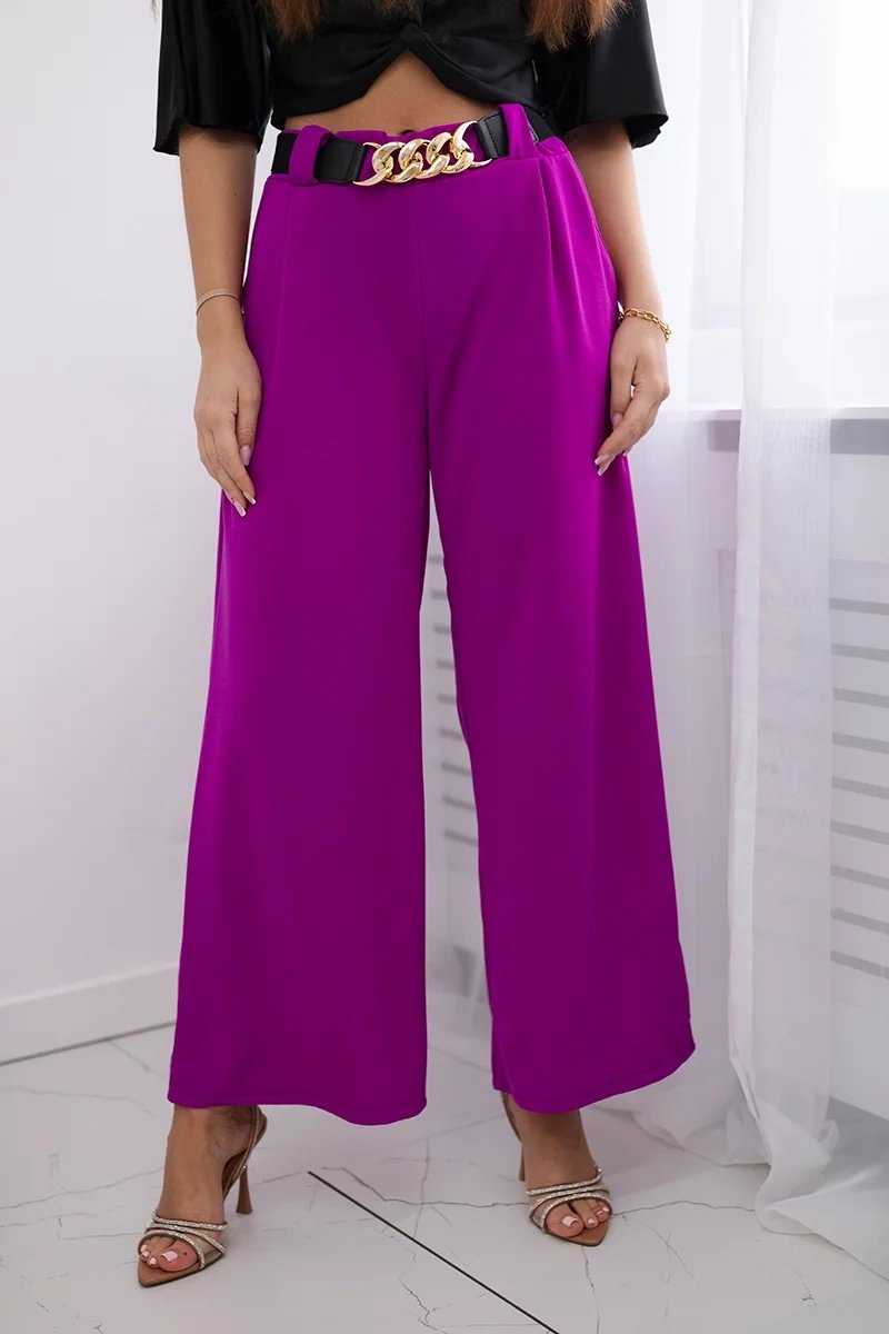 Levně Viskózové kalhoty se širokými nohavicemi tmavě fialové barvy