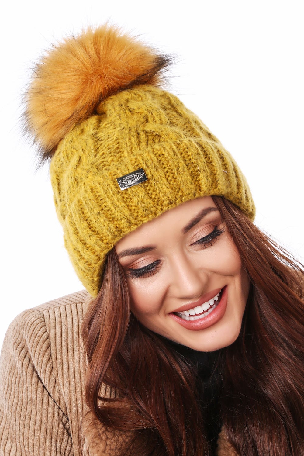 Mustard winter hat with glittering thread with braids