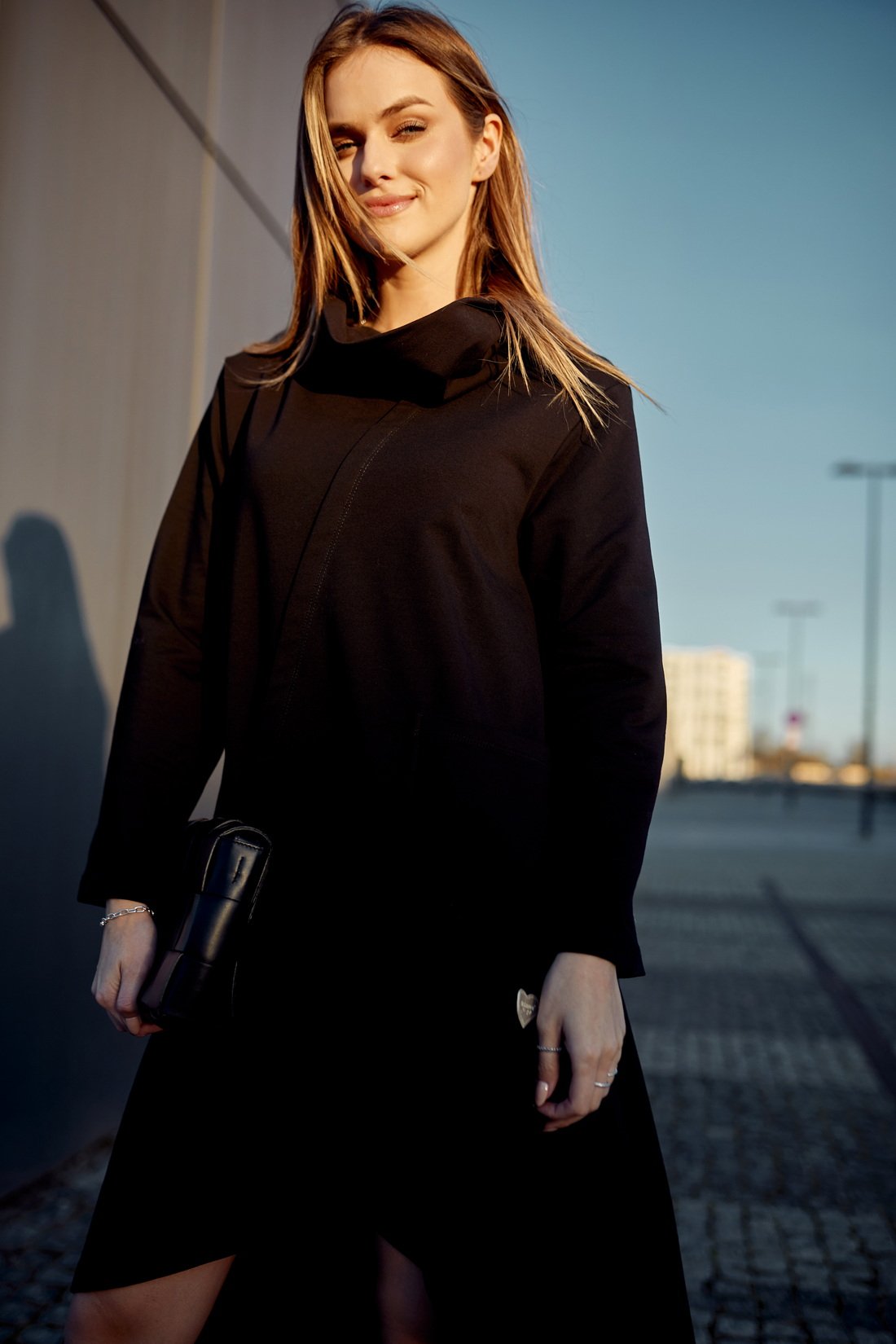 Black Trapezoidal Dress With A Wide Turtleneck