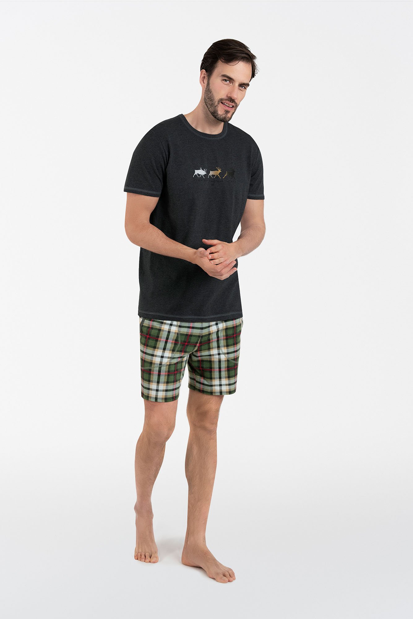 Men's Seward pyjamas, short sleeves, shorts - dark melange/print